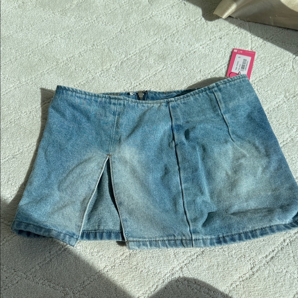 Denim Mini Skirt with Front Slit - Light Blue